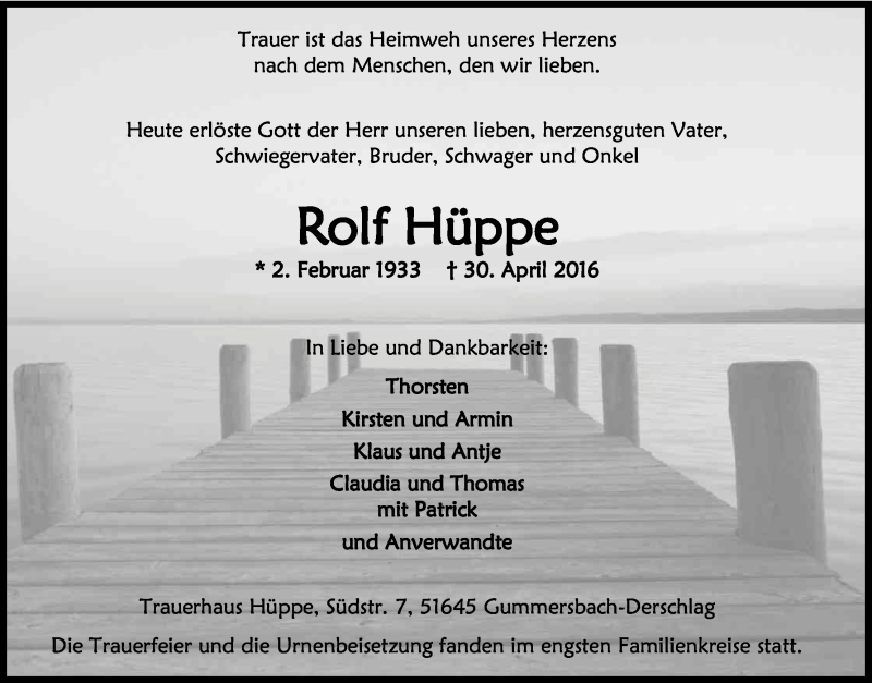  Traueranzeige für Rolf Hüppe vom 07.05.2016 aus Kölner Stadt-Anzeiger / Kölnische Rundschau / Express