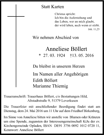 Anzeige von Anneliese Böllert von Kölner Stadt-Anzeiger / Kölnische Rundschau / Express