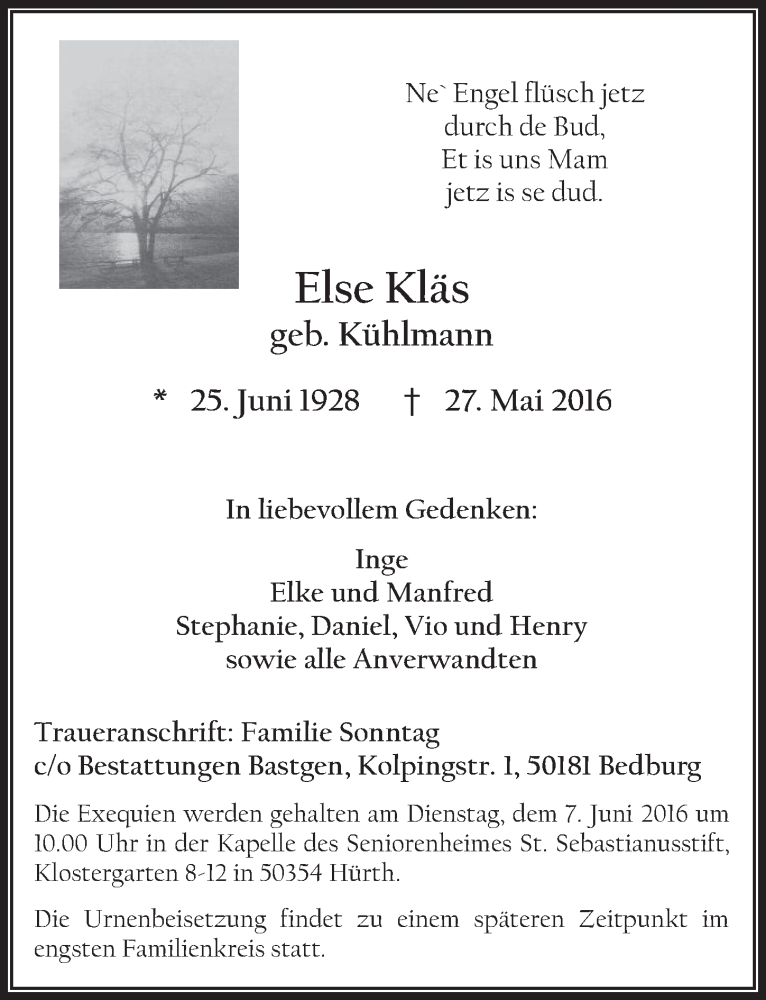  Traueranzeige für Else KlÃ¤s vom 01.06.2016 aus  Wochenende 