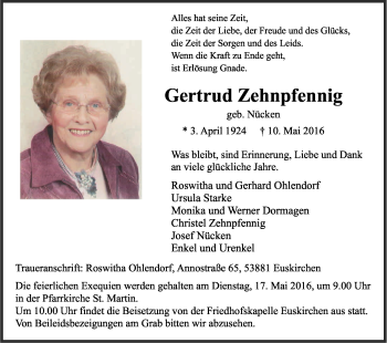 Anzeige von Gertrud Zehnpfennig von Kölner Stadt-Anzeiger / Kölnische Rundschau / Express