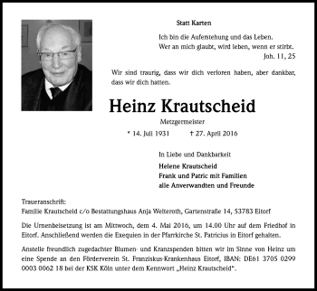 Anzeige von Heinz Krautscheid von Kölner Stadt-Anzeiger / Kölnische Rundschau / Express