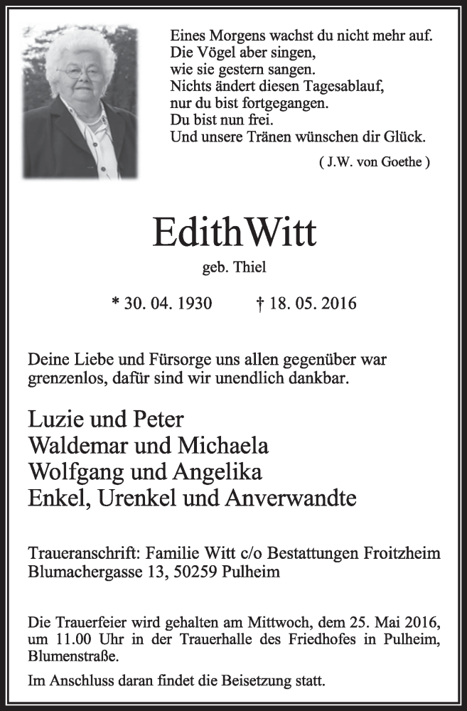  Traueranzeige für Edith Witt vom 21.05.2016 aus  Sonntags-Post 