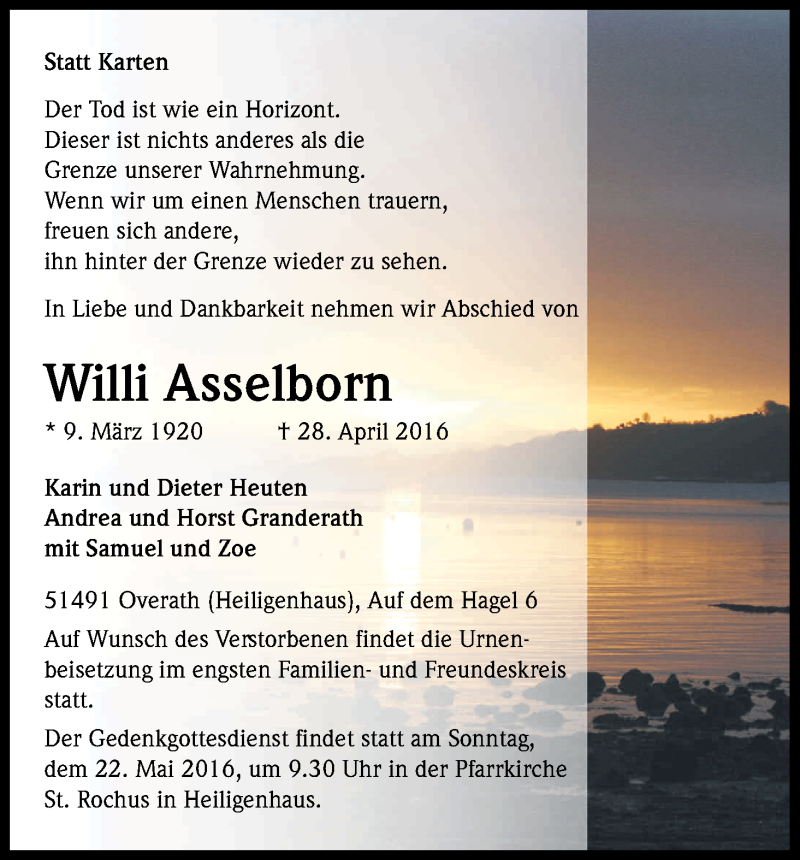  Traueranzeige für Willi Asselborn vom 04.05.2016 aus Kölner Stadt-Anzeiger / Kölnische Rundschau / Express