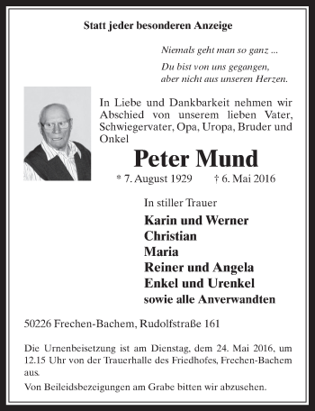 Anzeige von Peter Mund von  Wochenende 
