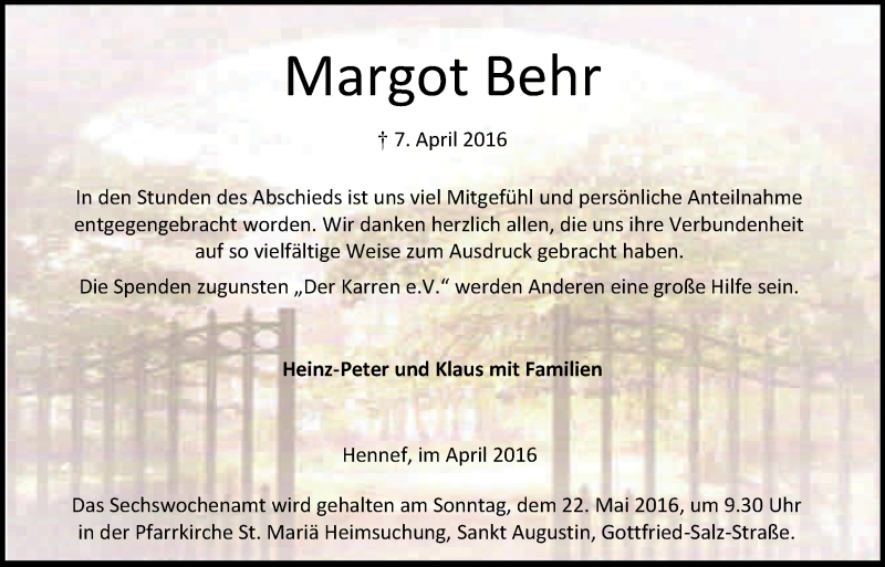  Traueranzeige für Margot Behr vom 30.04.2016 aus Kölner Stadt-Anzeiger / Kölnische Rundschau / Express