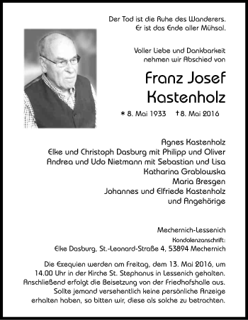 Anzeige von Franz Josef Kastenholz von Kölner Stadt-Anzeiger / Kölnische Rundschau / Express