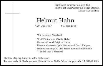 Anzeige von Helmut Hahn von Kölner Stadt-Anzeiger / Kölnische Rundschau / Express