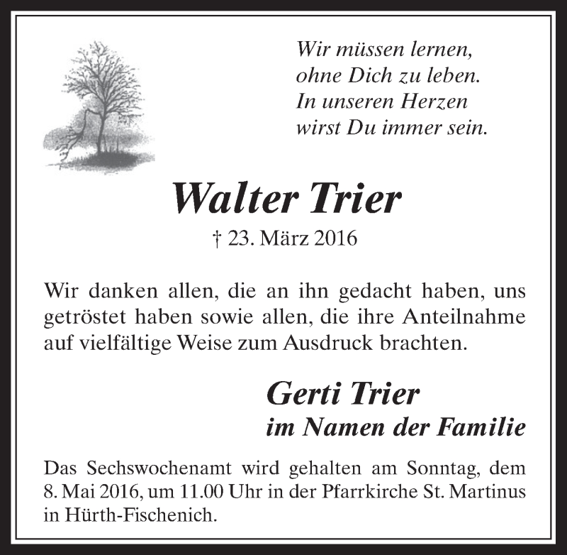  Traueranzeige für Walter Trier vom 04.05.2016 aus  Wochenende 