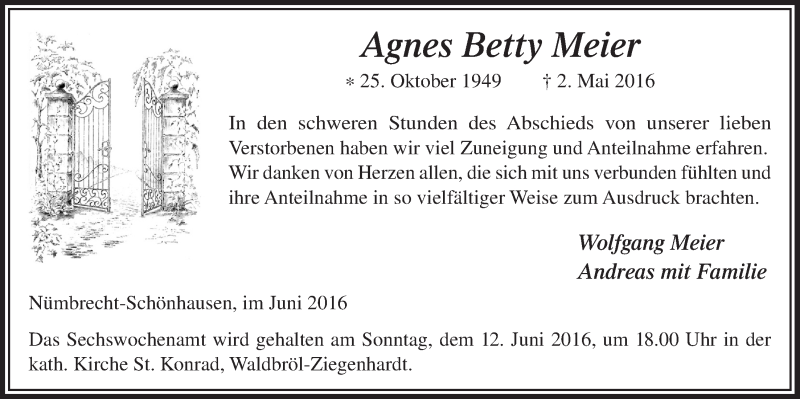  Traueranzeige für Agnes Betty Meier vom 01.06.2016 aus  Extra Blatt  Lokalanzeiger 