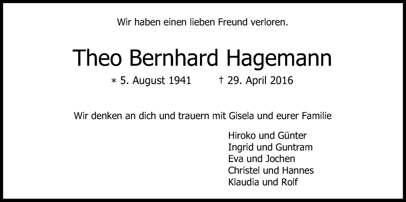  Traueranzeige für Theo Bernhard Hagemann vom 07.05.2016 aus Kölner Stadt-Anzeiger / Kölnische Rundschau / Express