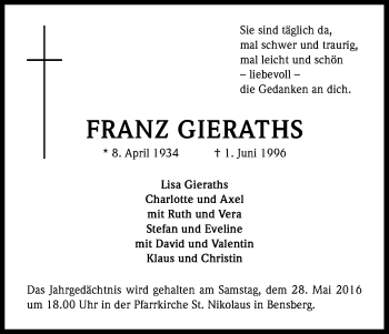 Anzeige von Franz Gieraths von Kölner Stadt-Anzeiger / Kölnische Rundschau / Express