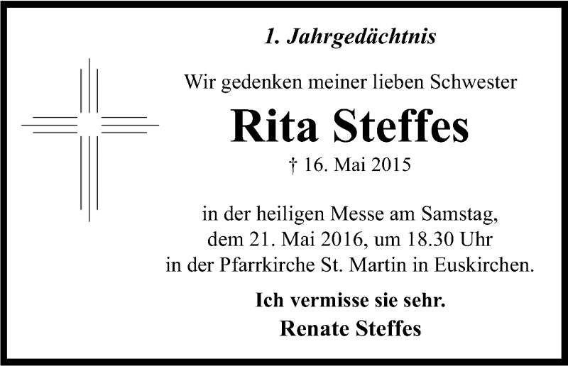  Traueranzeige für Rita Steffes vom 14.05.2016 aus Kölner Stadt-Anzeiger / Kölnische Rundschau / Express