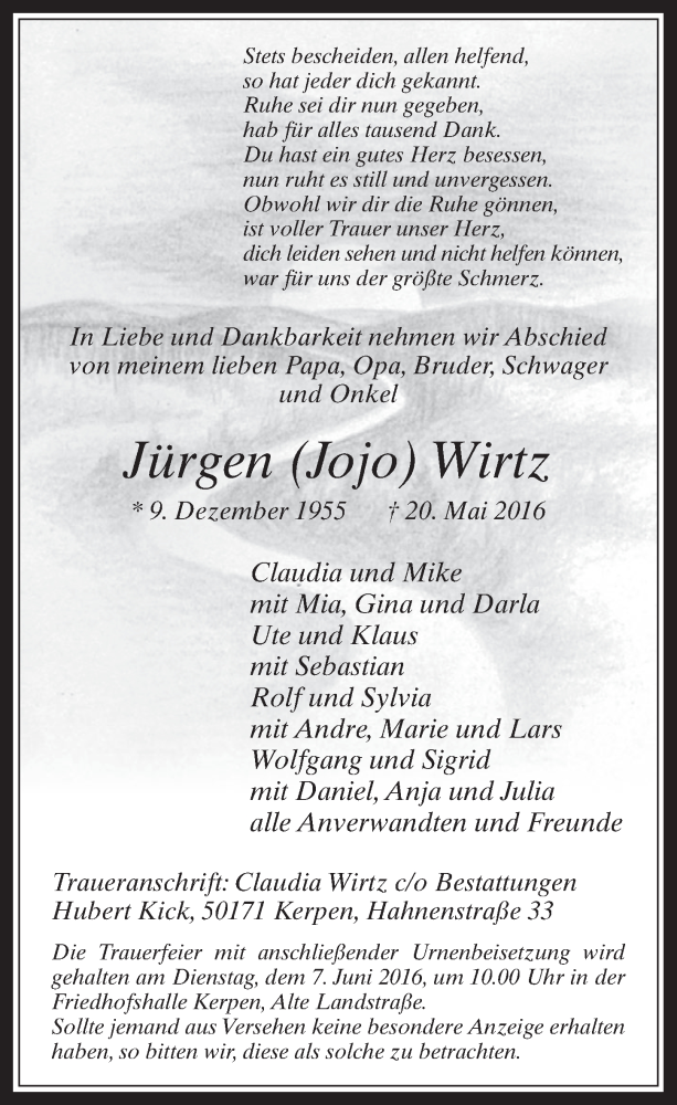  Traueranzeige für Jürgen Wirtz vom 01.06.2016 aus  Werbepost 