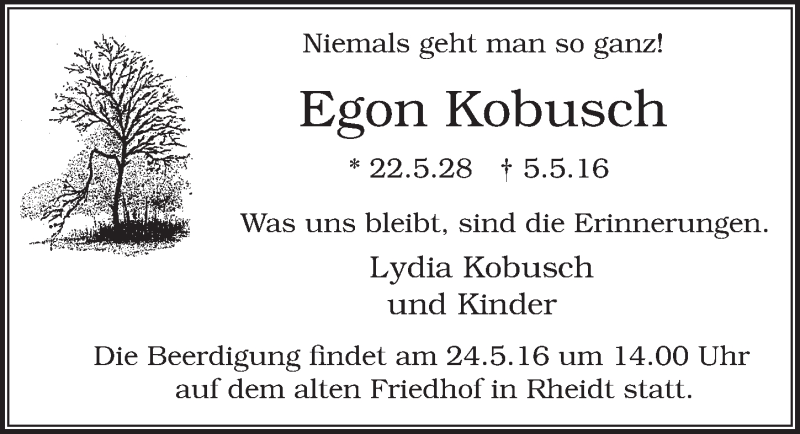  Traueranzeige für Egon Kobusch vom 18.05.2016 aus  Extra Blatt 