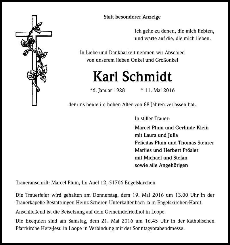  Traueranzeige für Karl Schmidt vom 14.05.2016 aus Kölner Stadt-Anzeiger / Kölnische Rundschau / Express