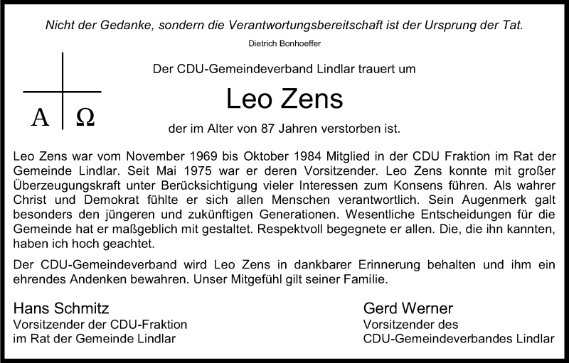  Traueranzeige für Leo Zens vom 01.06.2016 aus Kölner Stadt-Anzeiger / Kölnische Rundschau / Express
