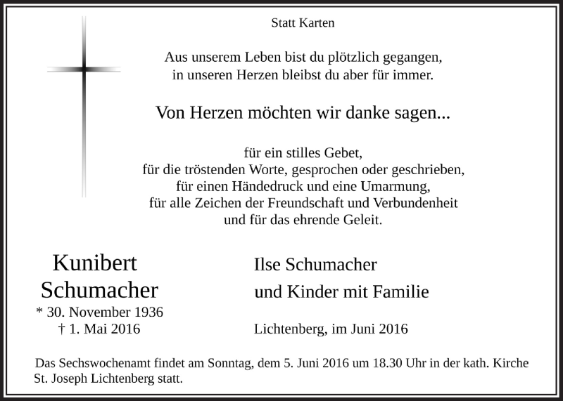  Traueranzeige für Kunibert Schumacher vom 01.06.2016 aus  Lokalanzeiger 