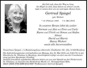 Anzeige von Gertrud Spiegel von Kölner Stadt-Anzeiger / Kölnische Rundschau / Express