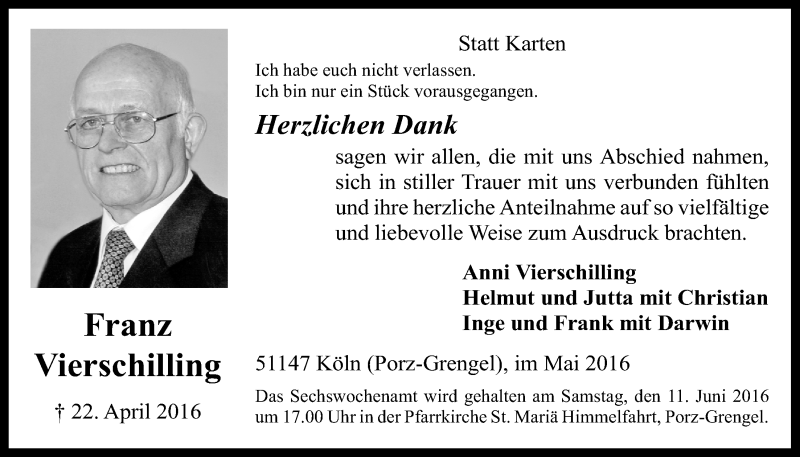 Traueranzeige für Franz Vierschilling vom 25.05.2016 aus  Kölner Wochenspiegel 