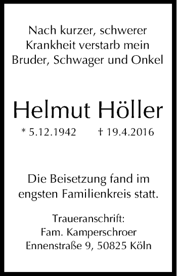 Anzeige von Helmut Höller von Kölner Stadt-Anzeiger / Kölnische Rundschau / Express