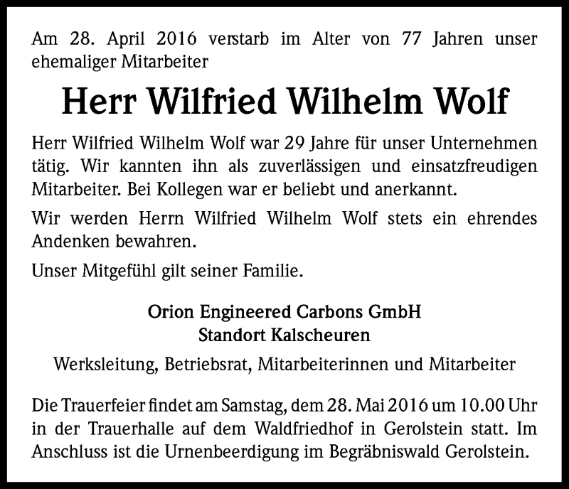  Traueranzeige für Wilfried Wilhelm Wolf vom 14.05.2016 aus Kölner Stadt-Anzeiger / Kölnische Rundschau / Express