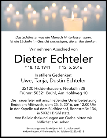 Anzeige von Dieter Echteler von Kölner Stadt-Anzeiger / Kölnische Rundschau / Express