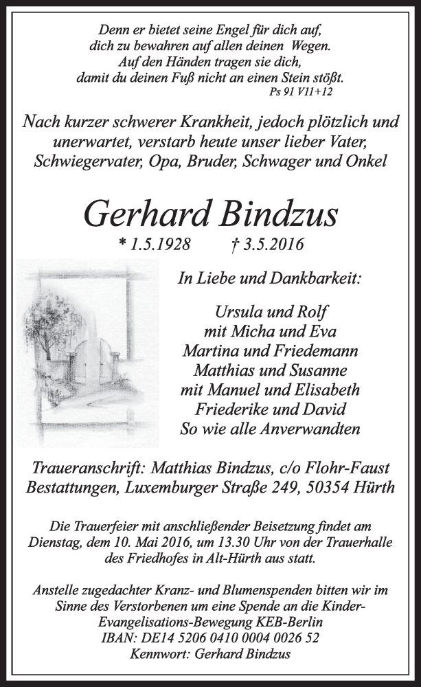  Traueranzeige für Gerhard Bindzus vom 07.05.2016 aus  Sonntags-Post 