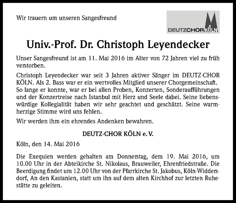  Traueranzeige für Christoph Leyendecker vom 18.05.2016 aus Kölner Stadt-Anzeiger / Kölnische Rundschau / Express