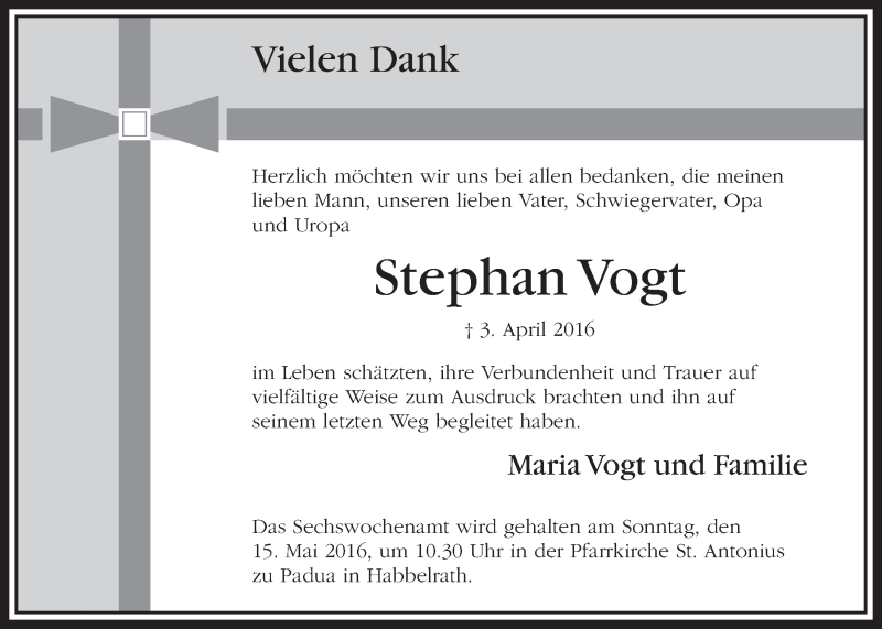  Traueranzeige für Stephan Vogt vom 07.05.2016 aus  Sonntags-Post 