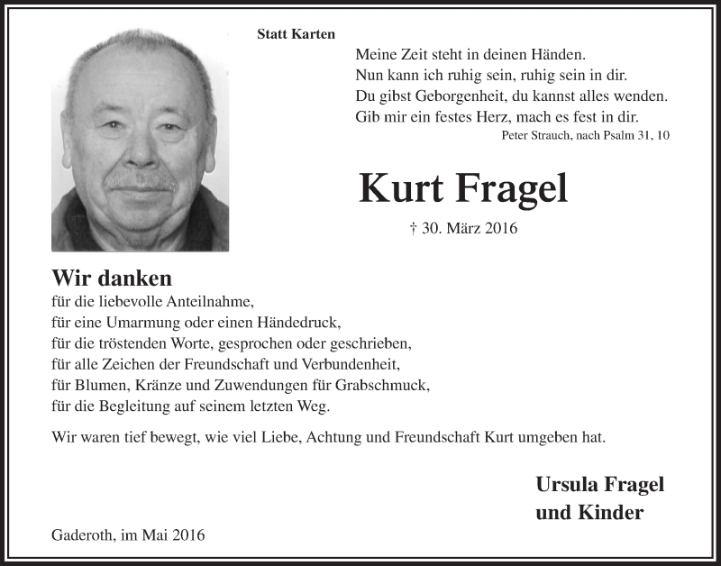  Traueranzeige für Kurt Fragel vom 18.05.2016 aus  Lokalanzeiger 