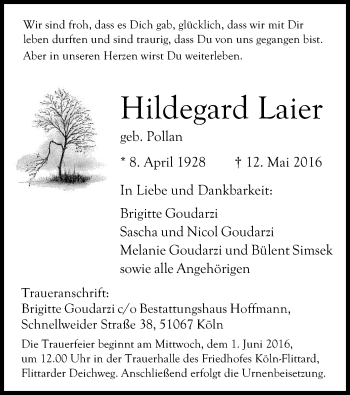 Anzeige von Hildegard Laier von Kölner Stadt-Anzeiger / Kölnische Rundschau / Express