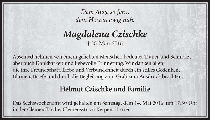  Traueranzeige für Magdalena Czischke vom 07.05.2016 aus  Sonntags-Post 