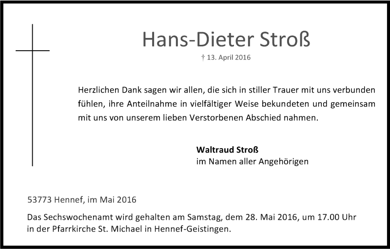  Traueranzeige für Hans-Dieter Stroß vom 14.05.2016 aus Kölner Stadt-Anzeiger / Kölnische Rundschau / Express