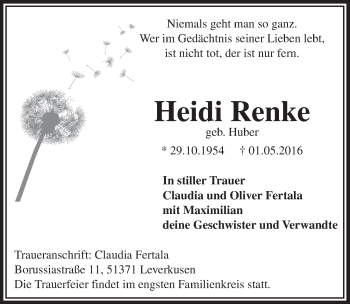 Anzeige von Heidi Renke von  Leverkusener Wochenende 