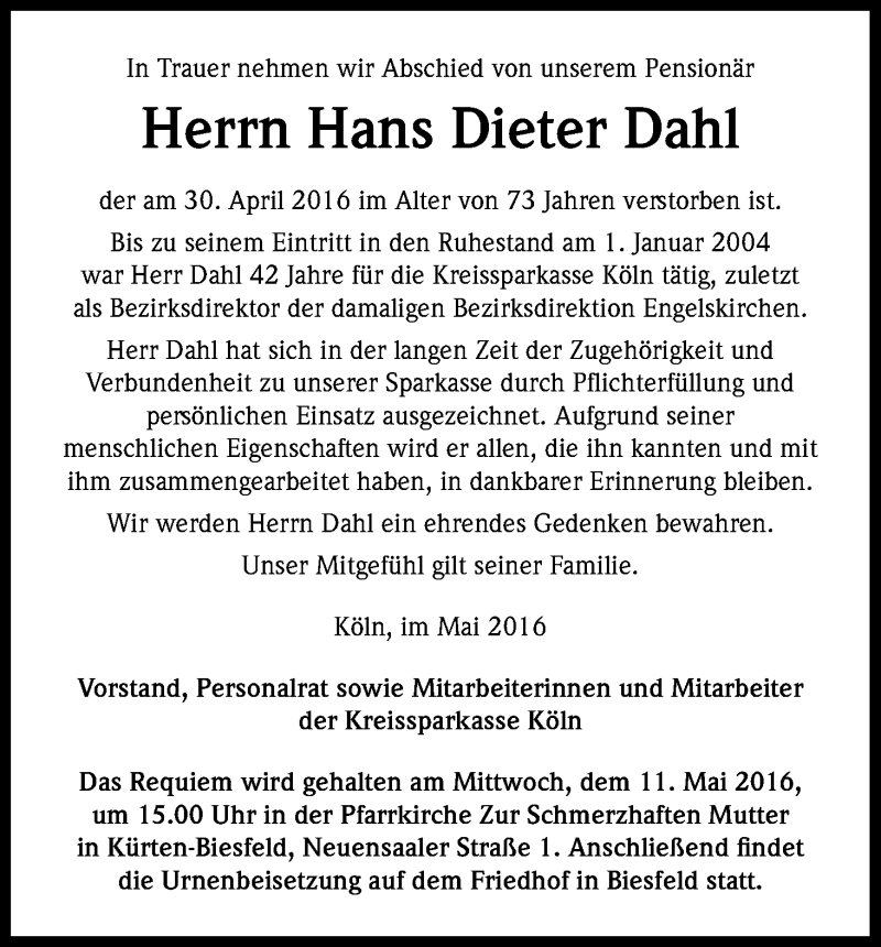  Traueranzeige für Hans Dieter Dahl vom 11.05.2016 aus Kölner Stadt-Anzeiger / Kölnische Rundschau / Express