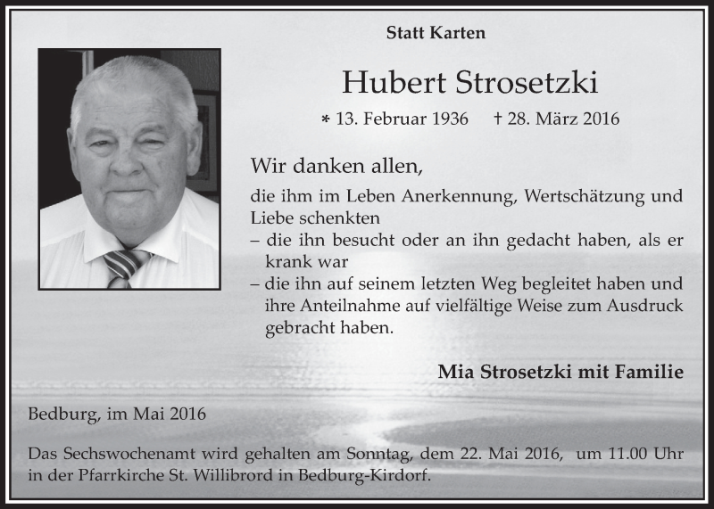  Traueranzeige für Hubert Strosetzki vom 11.05.2016 aus  Werbepost 