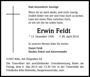 Anzeige von Erwin Feldt von Kölner Stadt-Anzeiger / Kölnische Rundschau / Express