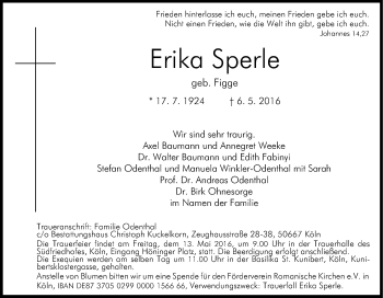 Anzeige von Erika Sperle von Kölner Stadt-Anzeiger / Kölnische Rundschau / Express