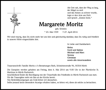 Anzeige von Margarete Moritz von Kölner Stadt-Anzeiger / Kölnische Rundschau / Express