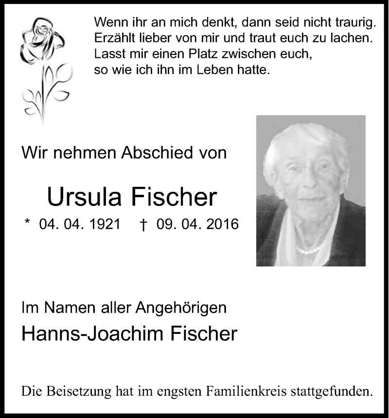  Traueranzeige für Ursula Fischer vom 30.04.2016 aus Kölner Stadt-Anzeiger / Kölnische Rundschau / Express