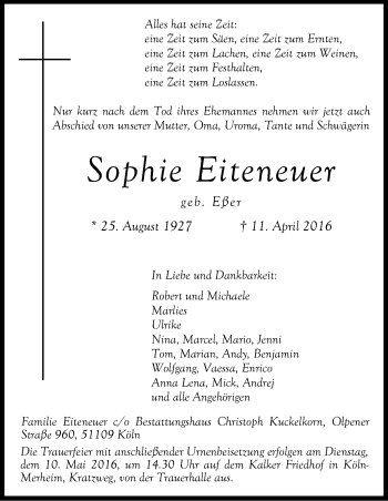 Anzeige von Sophie Eiteneuer von Kölner Stadt-Anzeiger / Kölnische Rundschau / Express