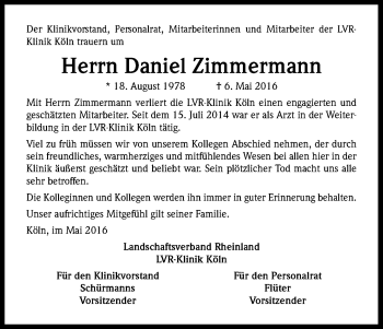 Anzeige von Daniel Zimmermann von Kölner Stadt-Anzeiger / Kölnische Rundschau / Express