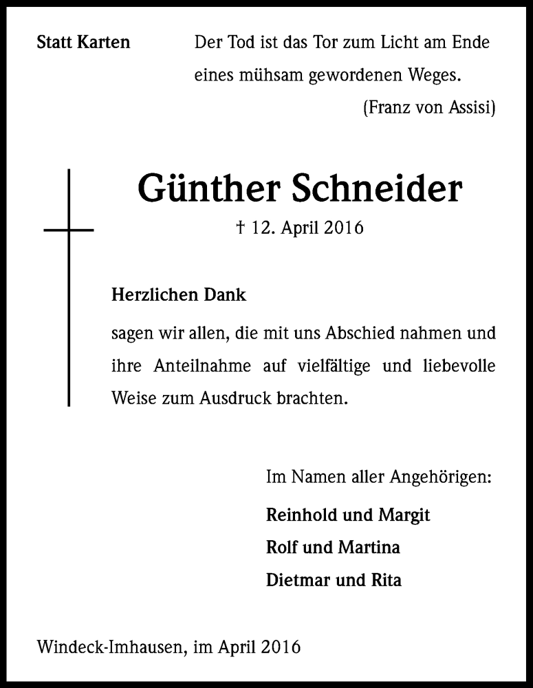  Traueranzeige für Günther Schneider vom 30.04.2016 aus Kölner Stadt-Anzeiger / Kölnische Rundschau / Express