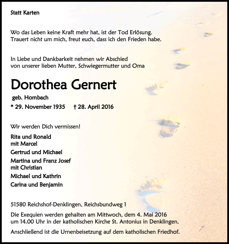  Traueranzeige für Dorothea Gernert vom 30.04.2016 aus Kölner Stadt-Anzeiger / Kölnische Rundschau / Express