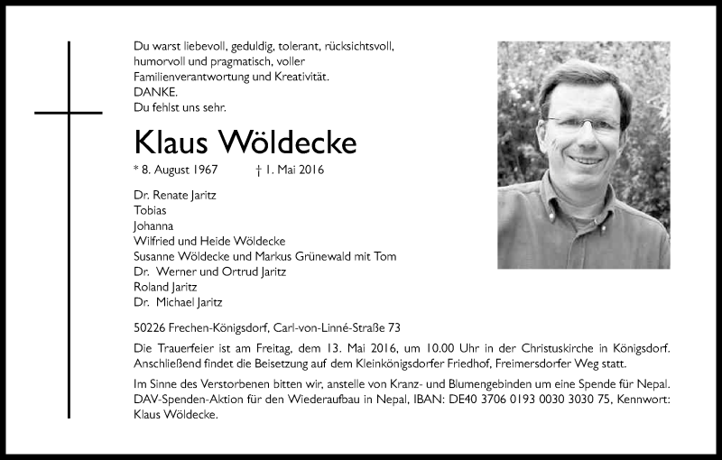  Traueranzeige für Klaus Wöldecke vom 07.05.2016 aus Kölner Stadt-Anzeiger / Kölnische Rundschau / Express