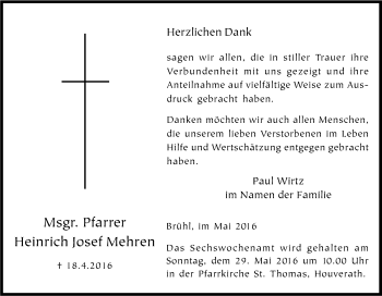 Anzeige von Heinrich Joesf Mehren von Kölner Stadt-Anzeiger / Kölnische Rundschau / Express