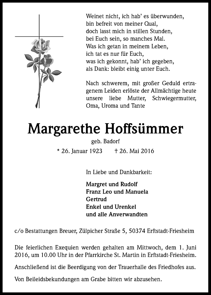  Traueranzeige für Margarethe Hoffsümer vom 30.05.2016 aus Kölner Stadt-Anzeiger / Kölnische Rundschau / Express