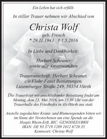 Anzeige von Christa Wolf von  Wochenende 