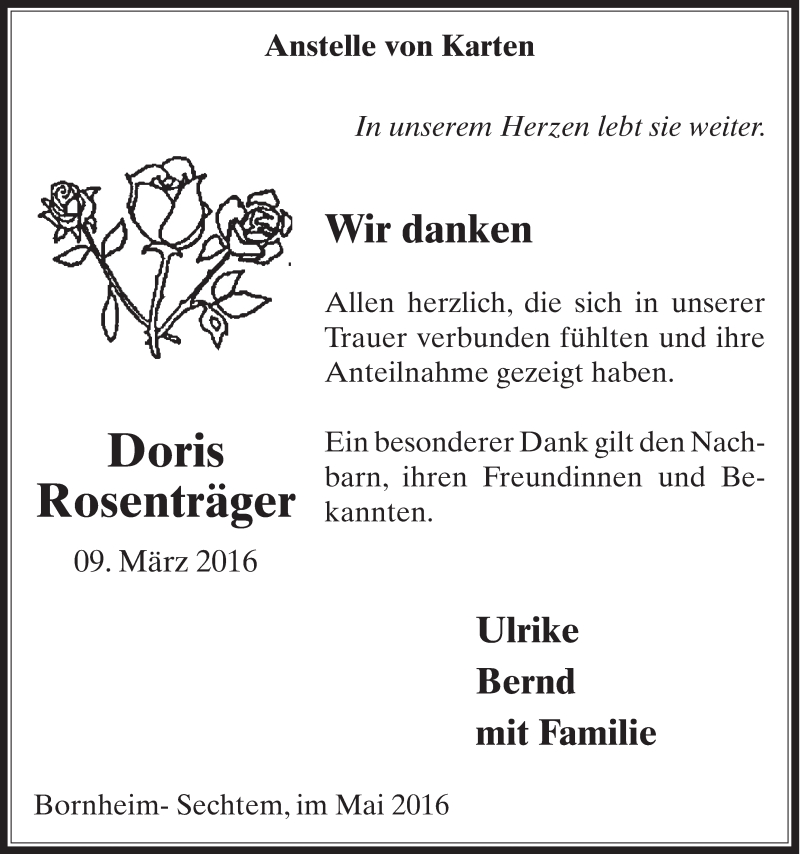  Traueranzeige für Doris Rosenträger vom 04.05.2016 aus  Schaufenster/Blickpunkt 