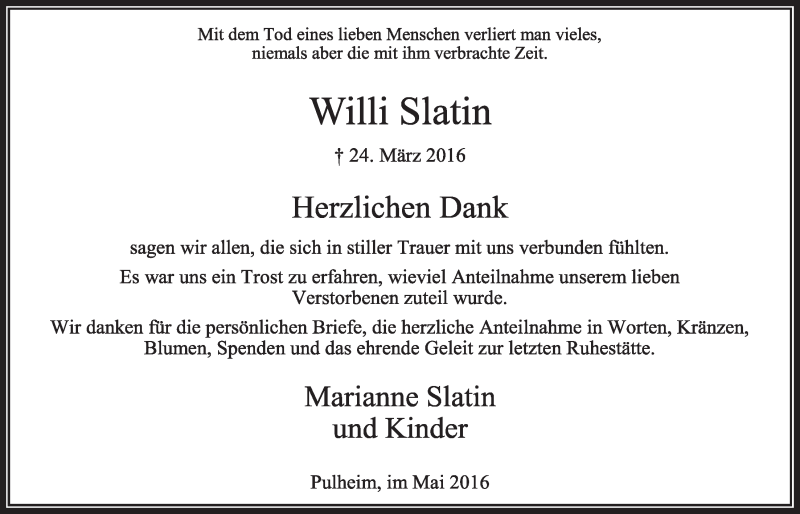  Traueranzeige für Willi Slatin vom 07.05.2016 aus  Sonntags-Post 
